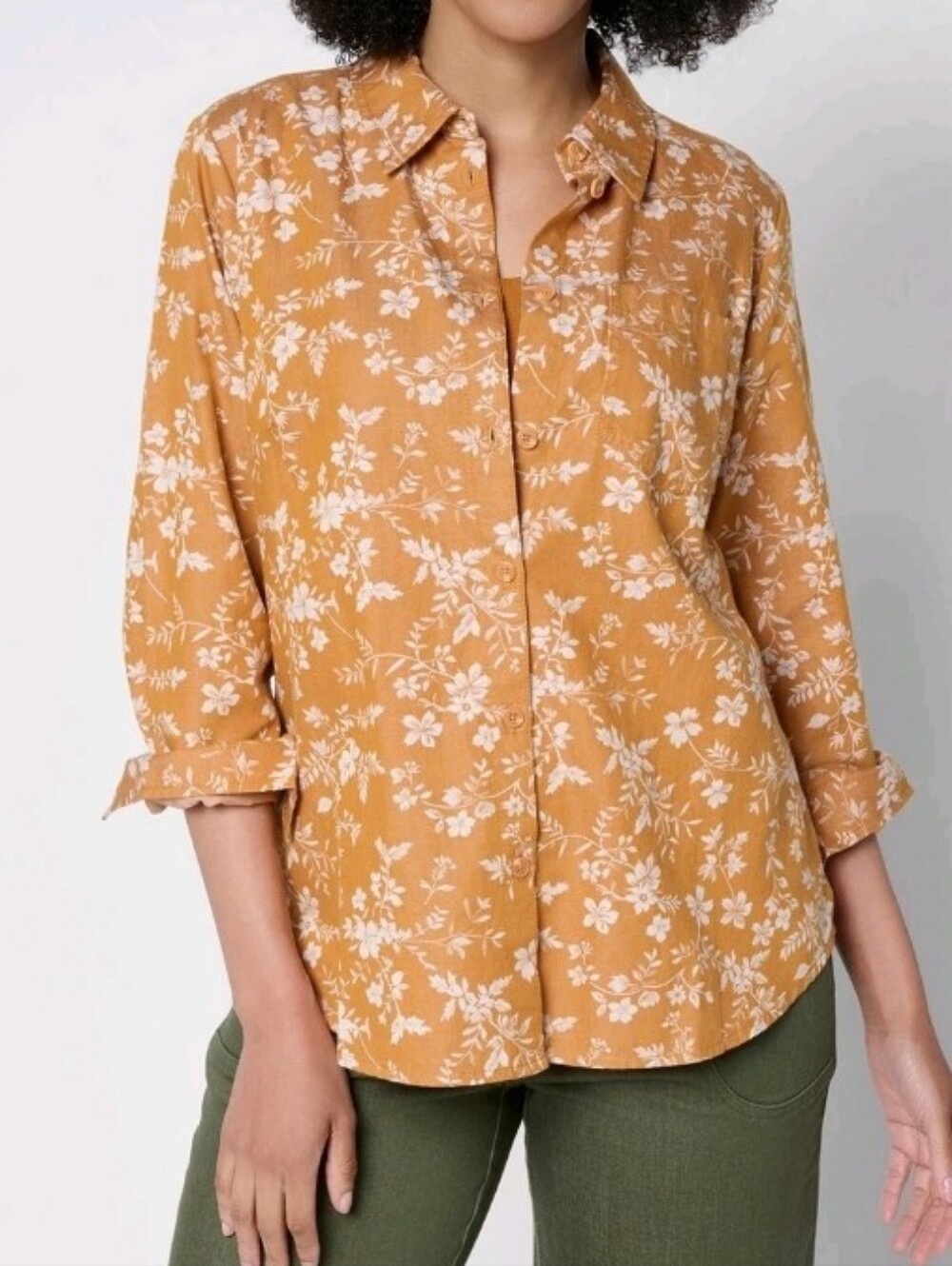 Joan Rivers Honey Floral Button-Up Shirt Long Sleeve Size Large